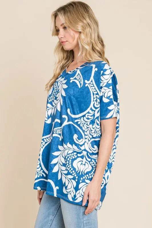 BOMBOM Printed Relaxed V-Neck Tunic Top - Velveta Studio