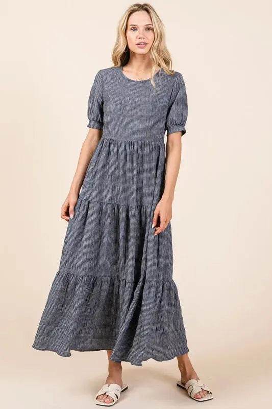 BOMBOM Textured Short Sleeve Tiered Dress - Velveta Studio