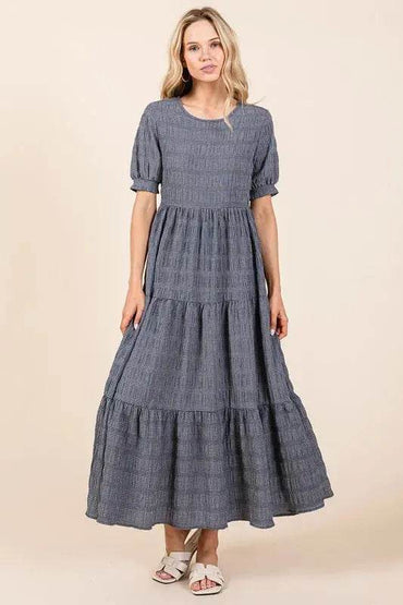 BOMBOM Textured Short Sleeve Tiered Dress - Velveta Studio