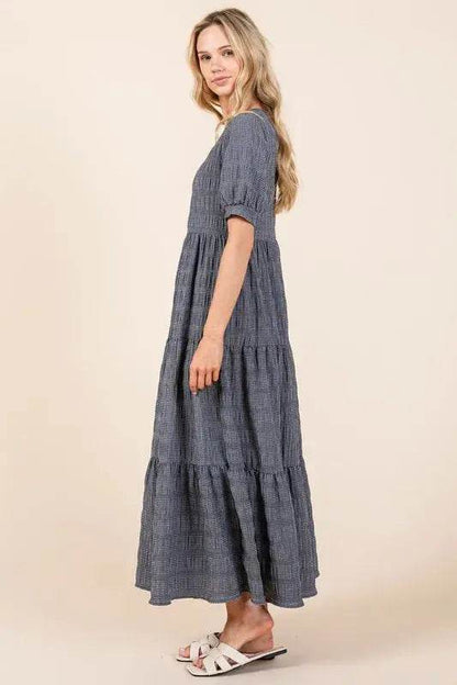 BOMBOM Textured Short Sleeve Tiered Dress - Velveta Studio