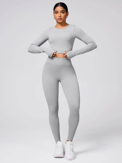 Back Crisscross Round Neck Long Sleeve Top and Leggings Active Set - Velveta Studio
