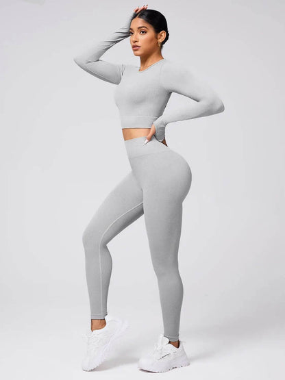 Back Crisscross Round Neck Long Sleeve Top and Leggings Active Set - Velveta Studio