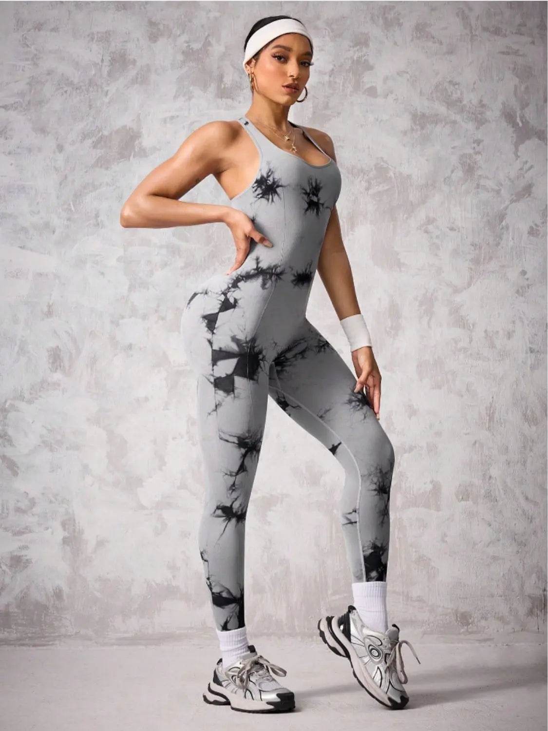 Back Crisscross Tie-Dye Scoop Neck Active Jumpsuit - Velveta Studio