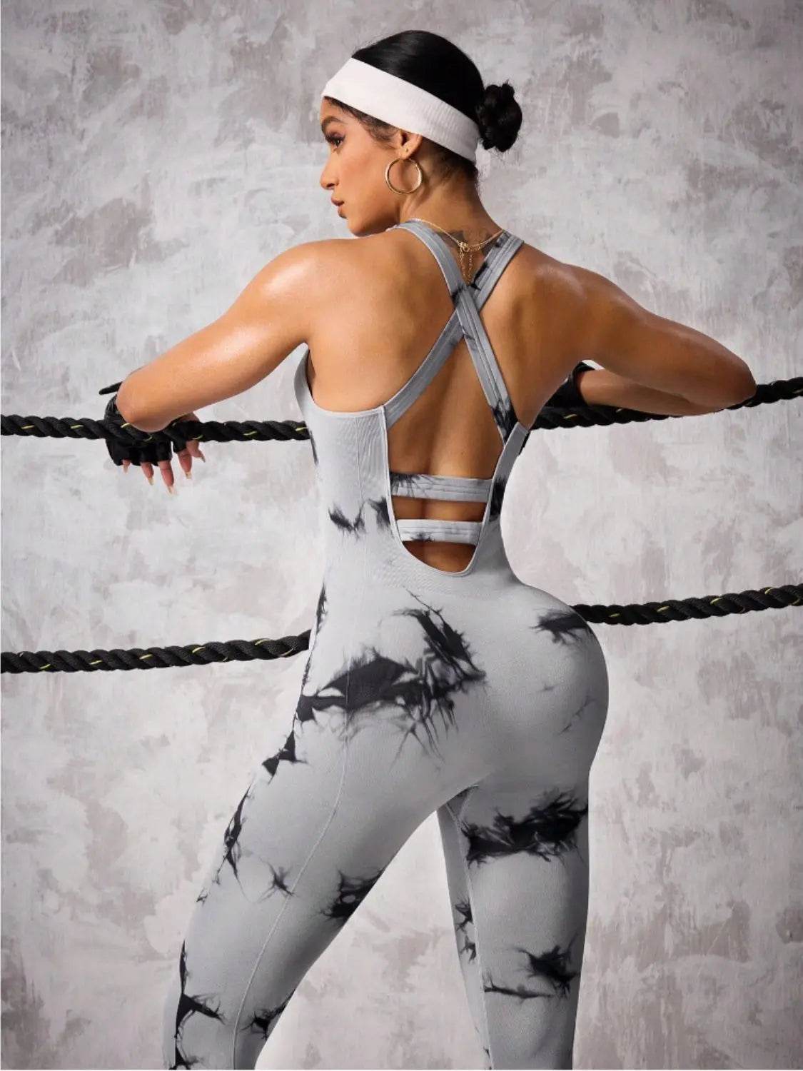 Back Crisscross Tie-Dye Scoop Neck Active Jumpsuit - Velveta Studio
