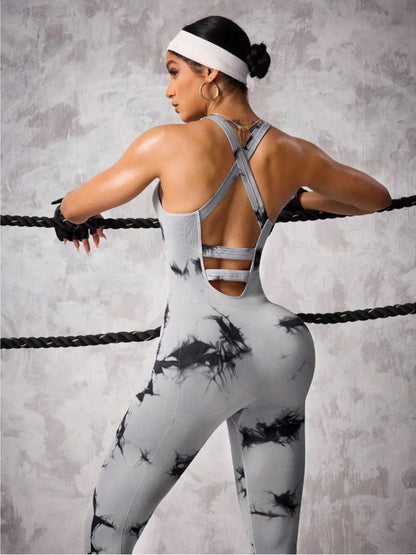 Back Crisscross Tie-Dye Scoop Neck Active Jumpsuit - Velveta Studio