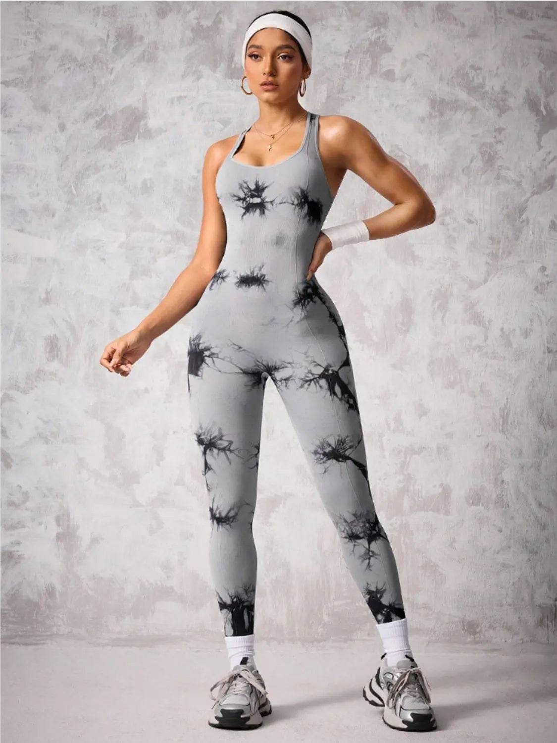 Back Crisscross Tie-Dye Scoop Neck Active Jumpsuit - Velveta Studio