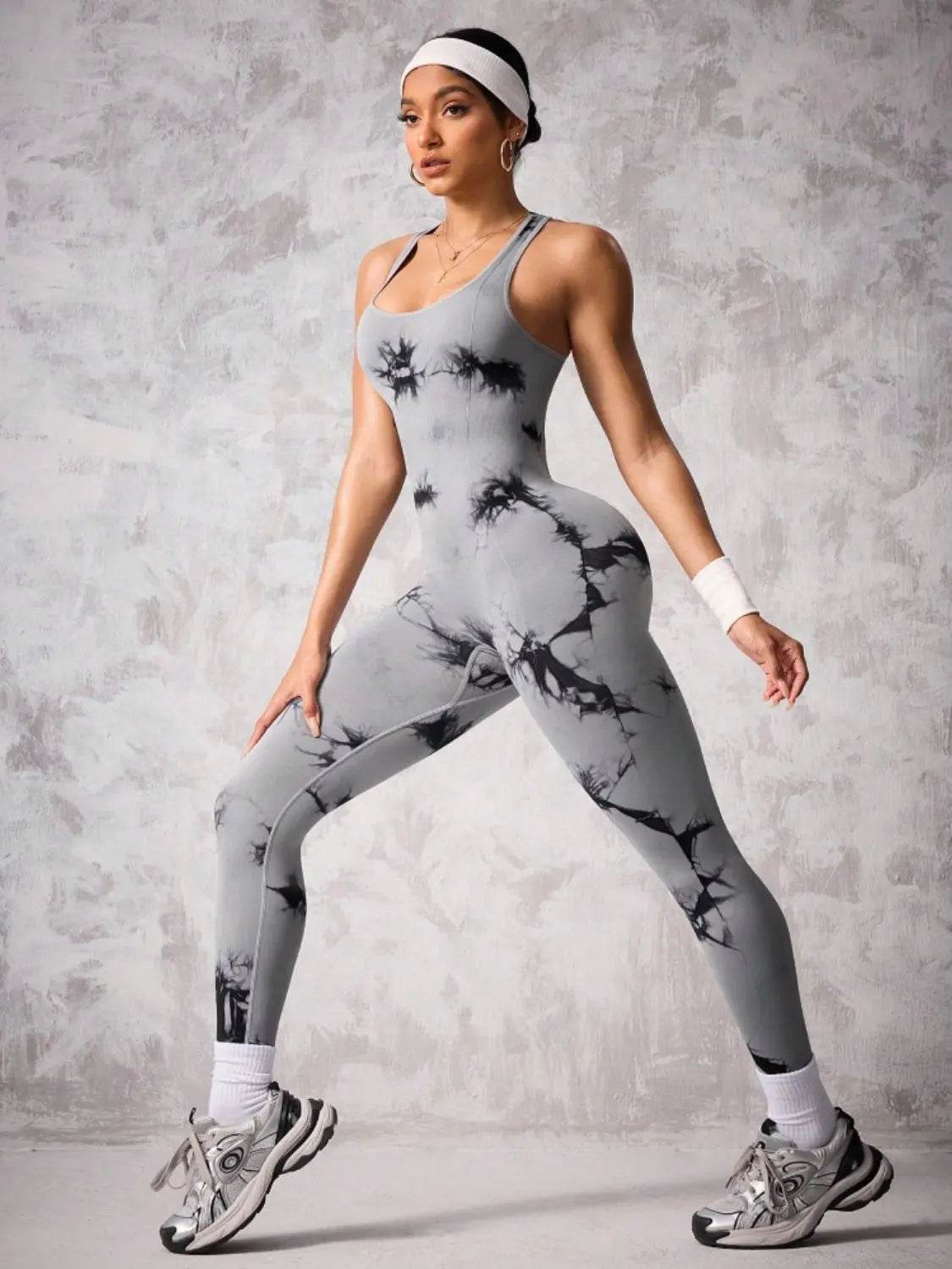 Back Crisscross Tie-Dye Scoop Neck Active Jumpsuit - Velveta Studio