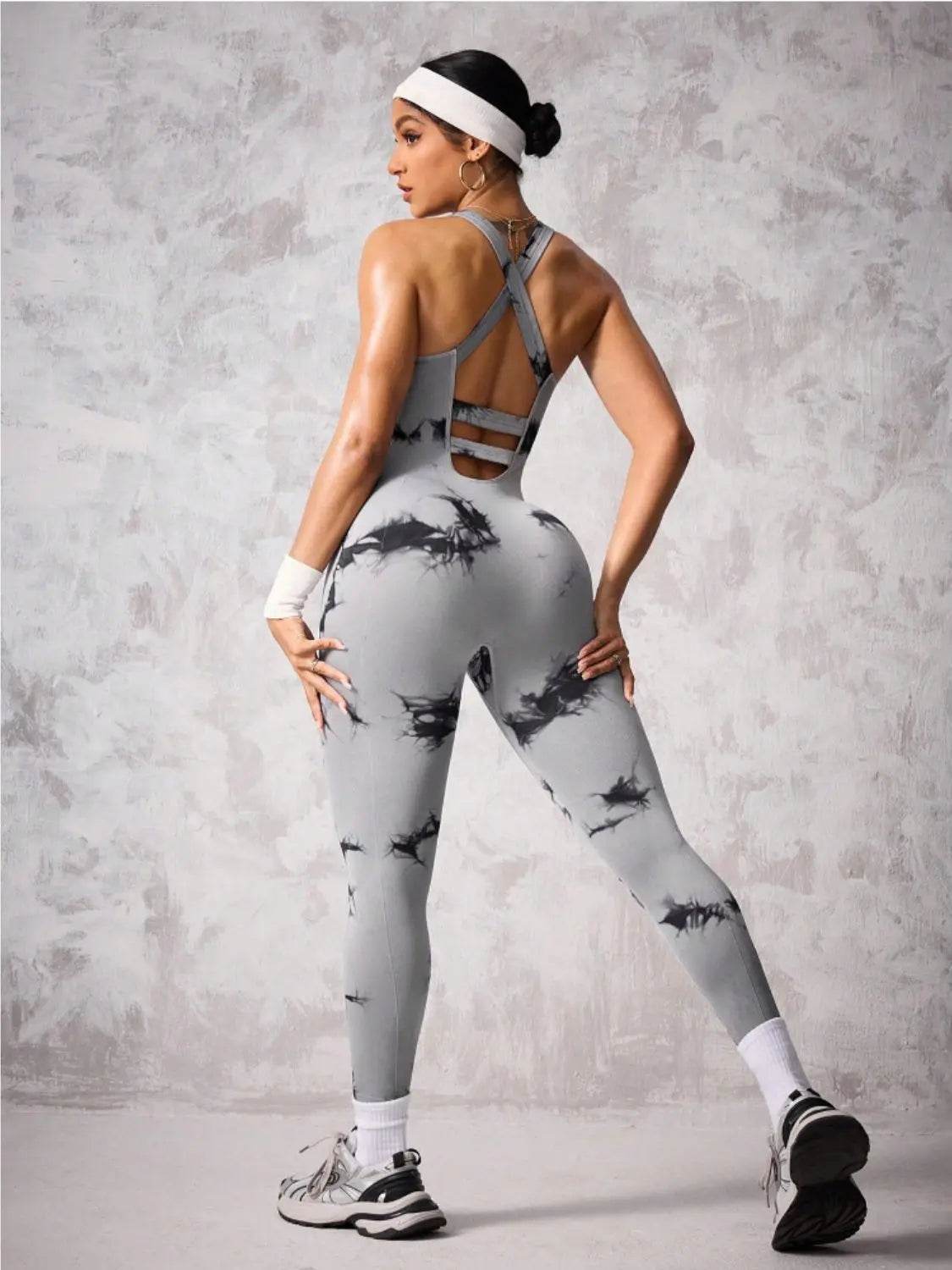 Back Crisscross Tie-Dye Scoop Neck Active Jumpsuit - Velveta Studio