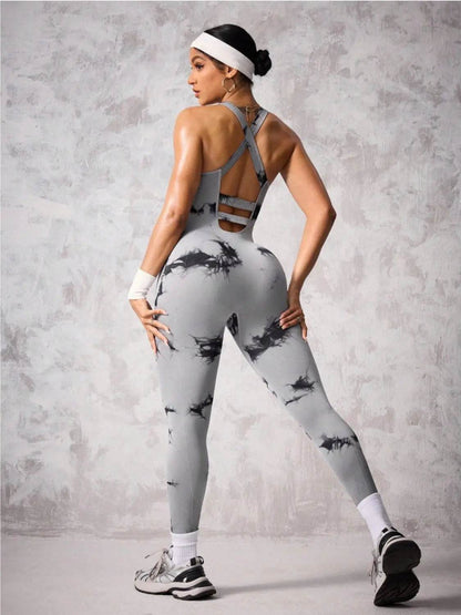 Back Crisscross Tie-Dye Scoop Neck Active Jumpsuit - Velveta Studio