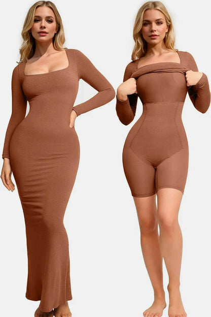 Basic Bae Built-In Shapewear Square Neck Long Sleeve Maxi Dress - Velveta Studio