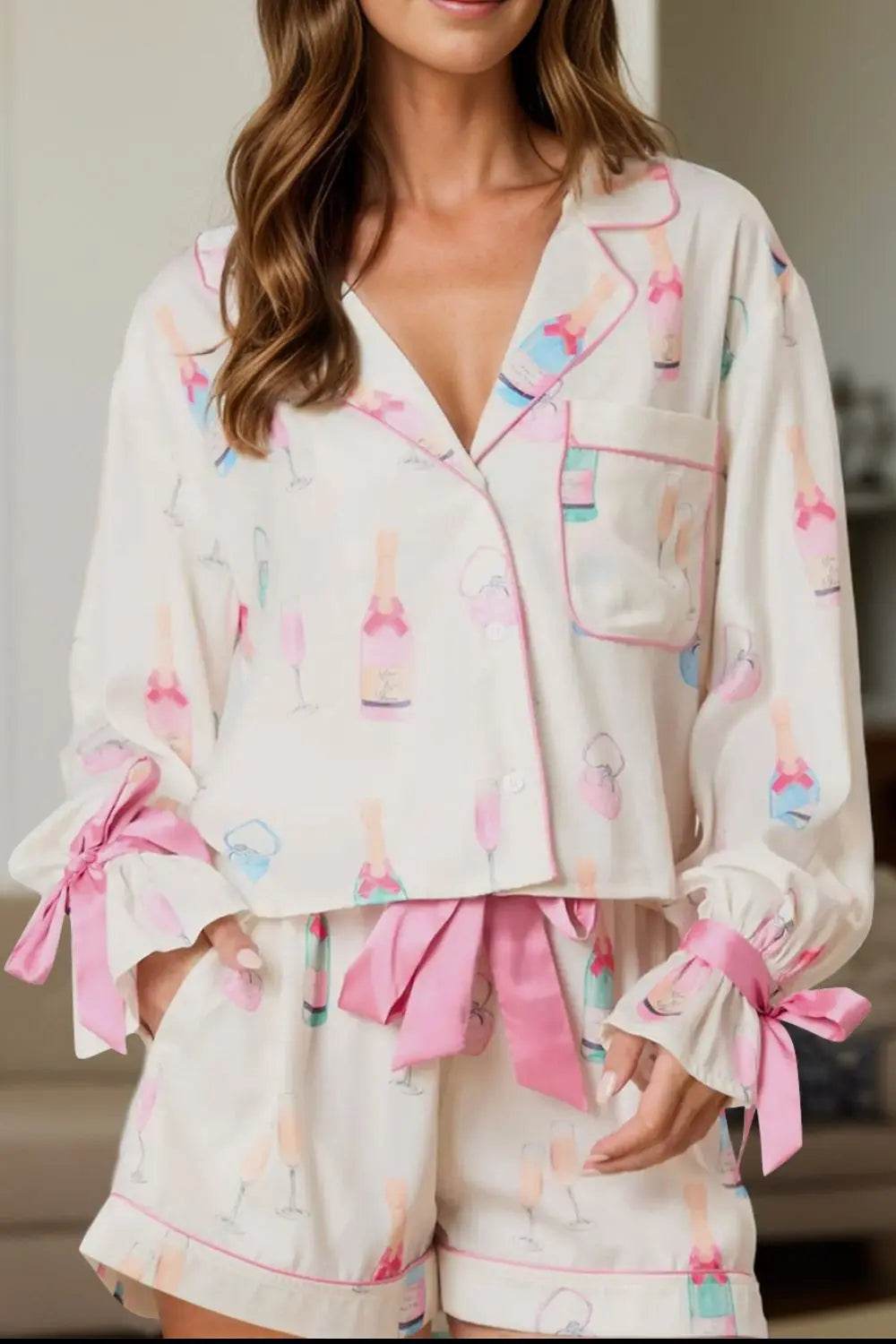 Bow Printed Collared Neck Top and Drawstring Shorts Lounge Set - Velveta Studio