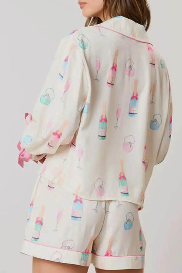 Bow Printed Collared Neck Top and Drawstring Shorts Lounge Set - Velveta Studio