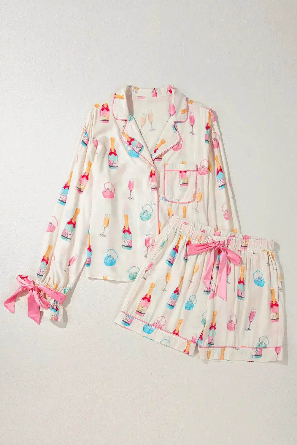 Bow Printed Collared Neck Top and Drawstring Shorts Lounge Set - Velveta Studio