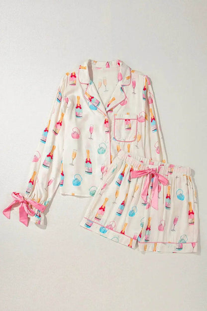 Bow Printed Collared Neck Top and Drawstring Shorts Lounge Set - Velveta Studio