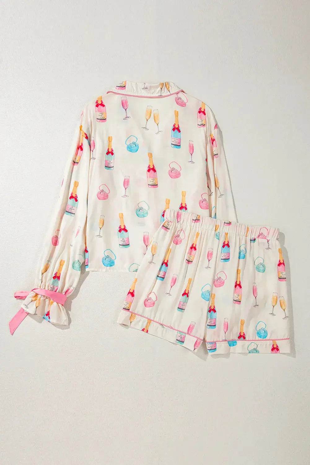 Bow Printed Collared Neck Top and Drawstring Shorts Lounge Set - Velveta Studio