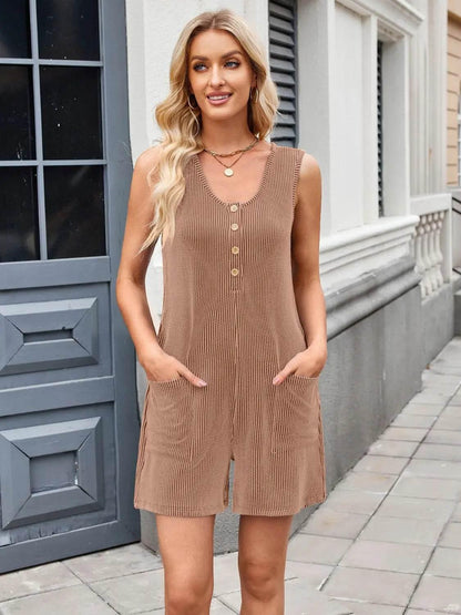 Button Detail Wide Strap Romper - Velveta Studio