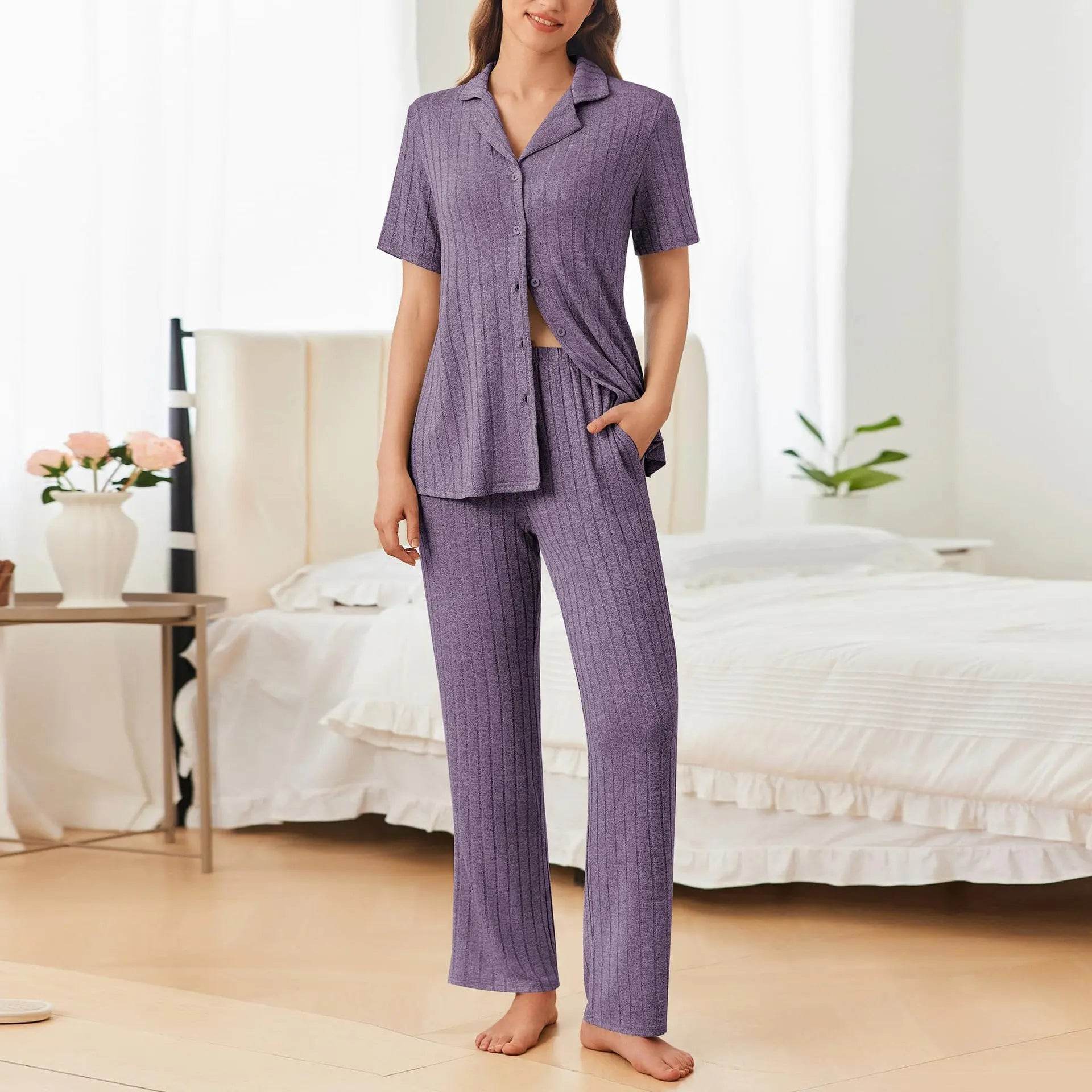 Button Down Long Sleeve Top and Pants Lounge Set - Velveta Studio