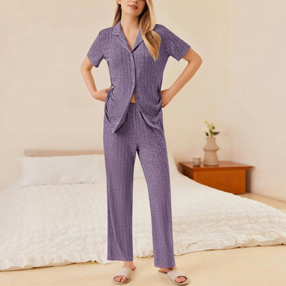 Button Down Long Sleeve Top and Pants Lounge Set - Velveta Studio