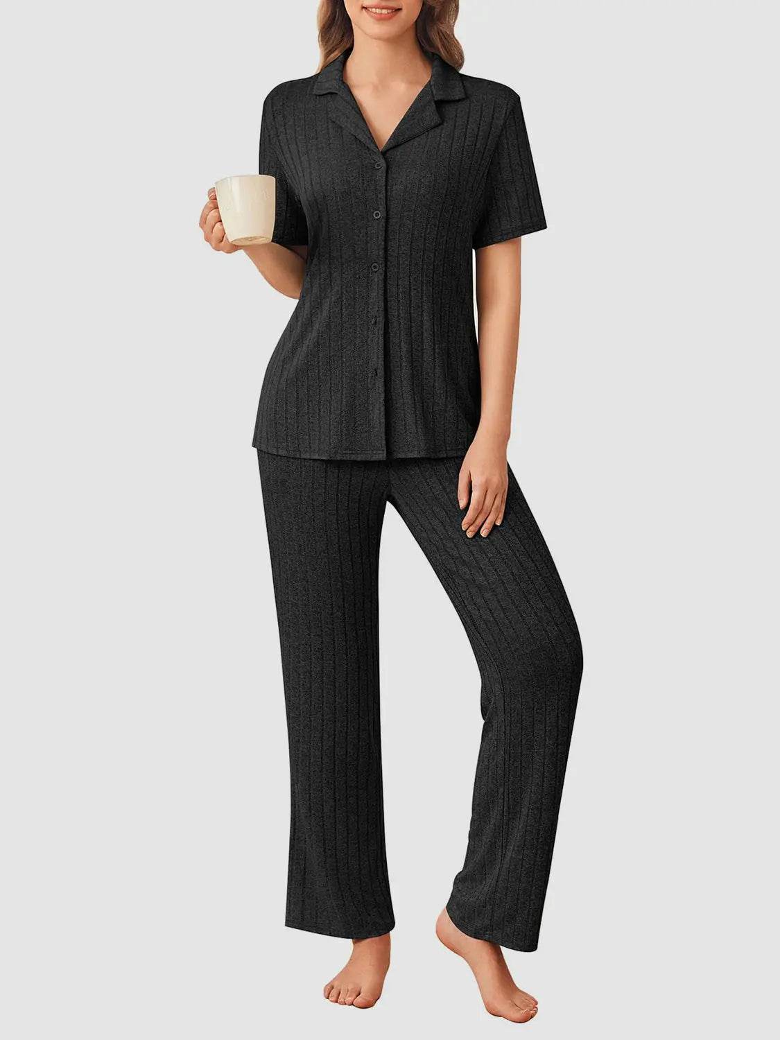 Button Down Long Sleeve Top and Pants Lounge Set - Velveta Studio