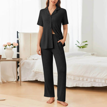 Button Down Long Sleeve Top and Pants Lounge Set - Velveta Studio