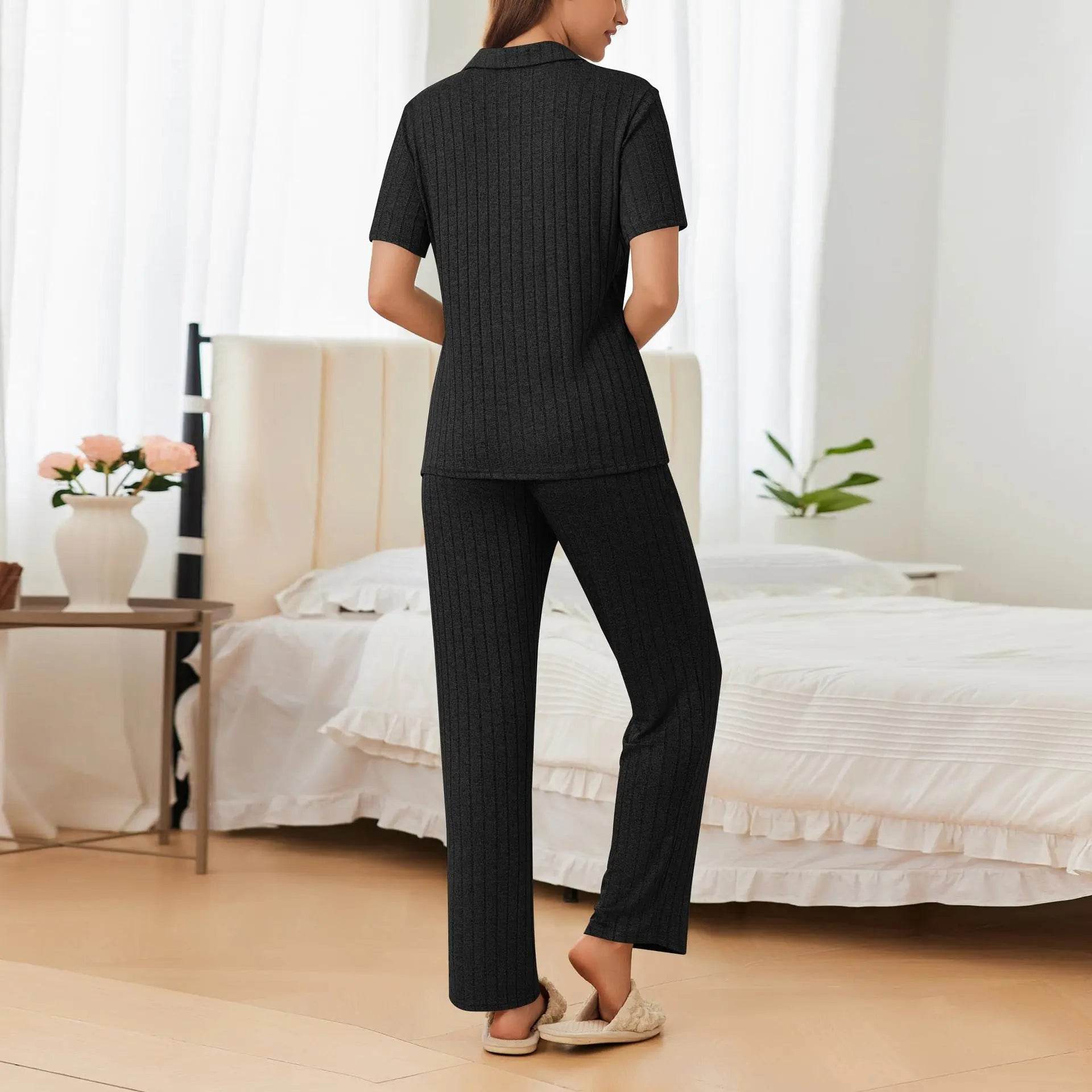 Button Down Long Sleeve Top and Pants Lounge Set - Velveta Studio
