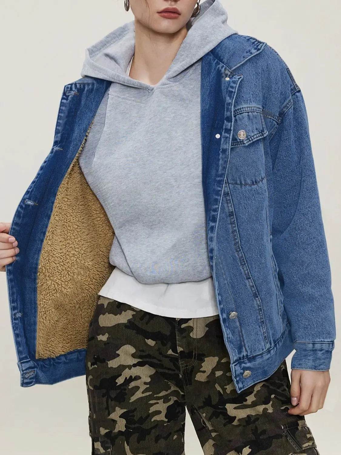Button Up Collared Neck Long Sleeve Denim Jacket - Velveta Studio