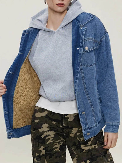 Button Up Collared Neck Long Sleeve Denim Jacket - Velveta Studio