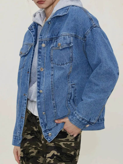 Button Up Collared Neck Long Sleeve Denim Jacket - Velveta Studio