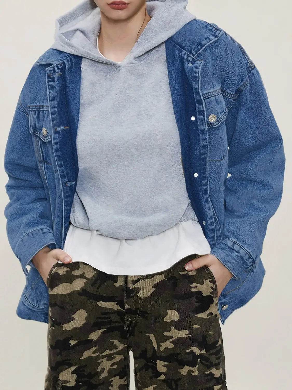 Button Up Collared Neck Long Sleeve Denim Jacket - Velveta Studio