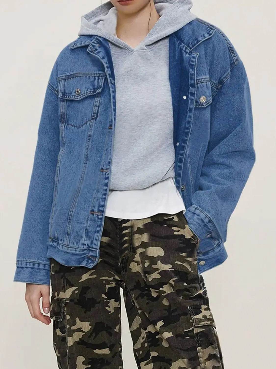 Button Up Collared Neck Long Sleeve Denim Jacket - Velveta Studio