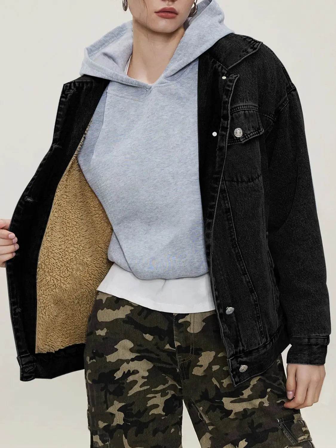 Button Up Collared Neck Long Sleeve Denim Jacket - Velveta Studio