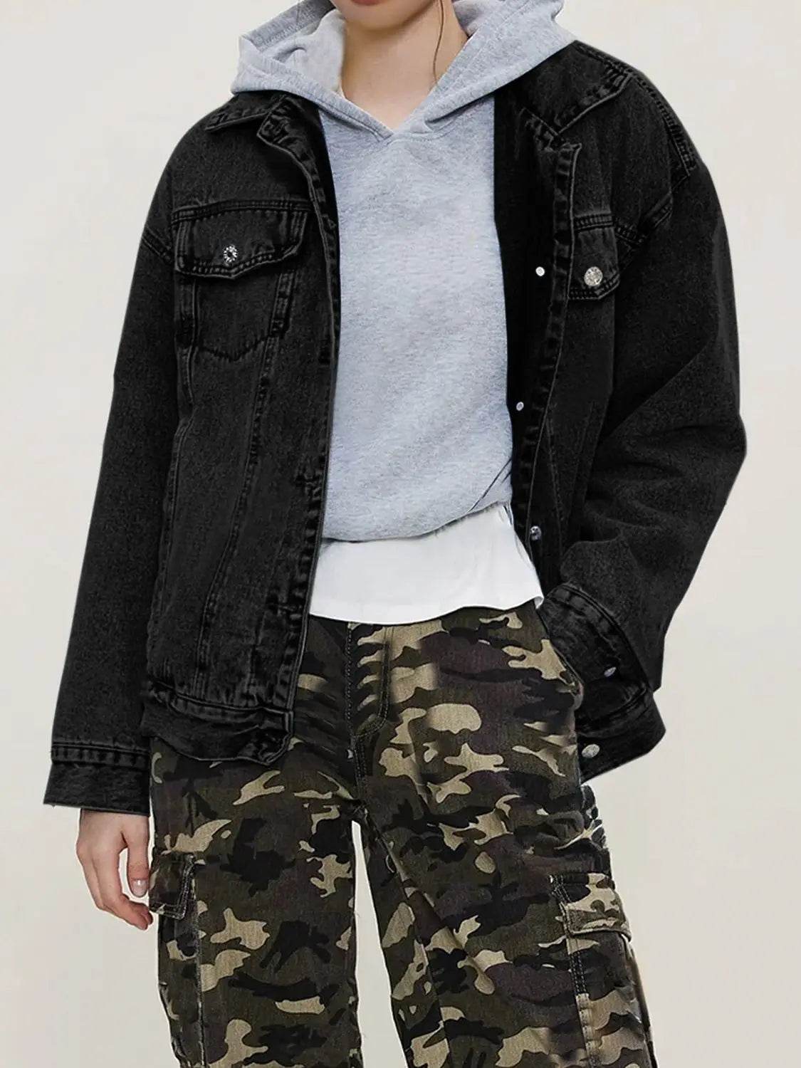 Button Up Collared Neck Long Sleeve Denim Jacket - Velveta Studio