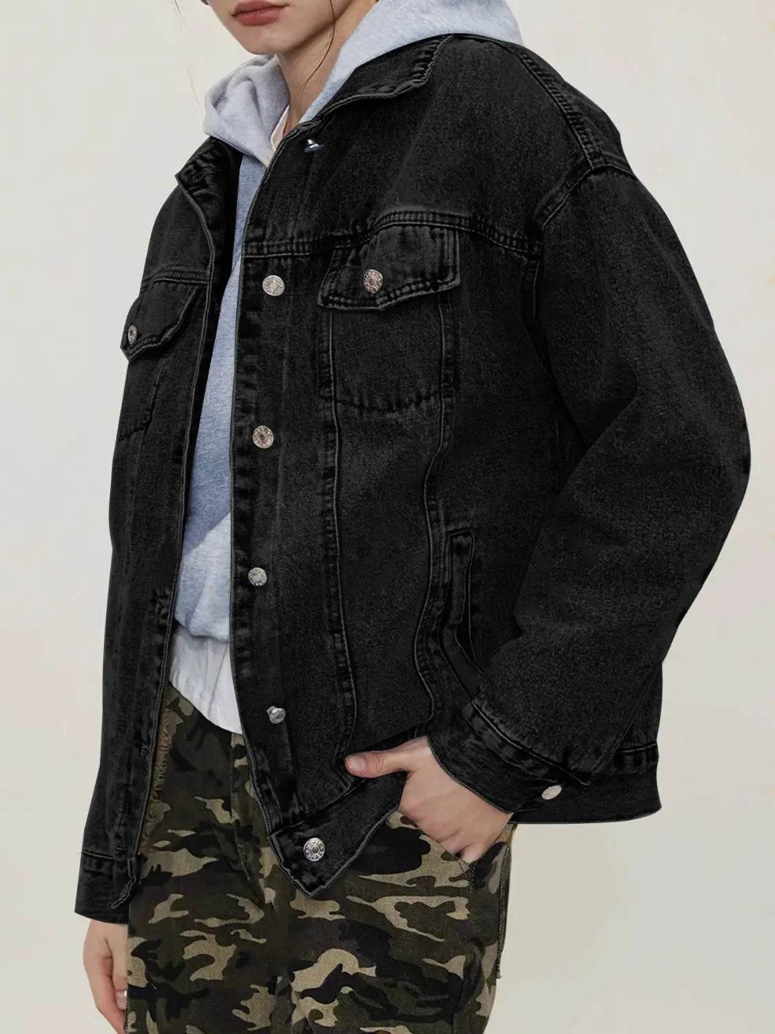 Button Up Collared Neck Long Sleeve Denim Jacket - Velveta Studio