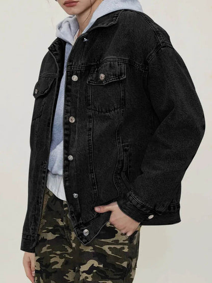 Button Up Collared Neck Long Sleeve Denim Jacket - Velveta Studio
