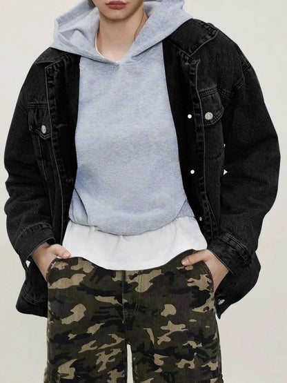 Button Up Collared Neck Long Sleeve Denim Jacket - Velveta Studio
