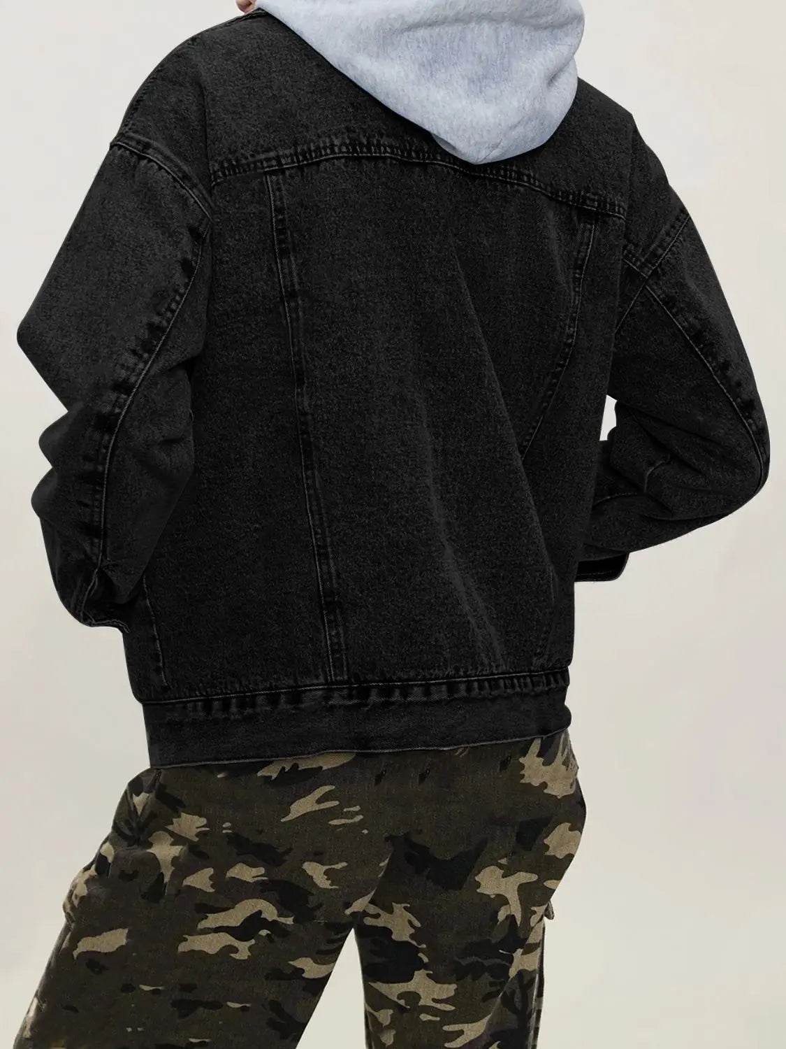 Button Up Collared Neck Long Sleeve Denim Jacket - Velveta Studio
