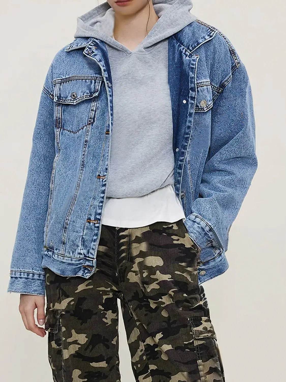 Button Up Collared Neck Long Sleeve Denim Jacket - Velveta Studio