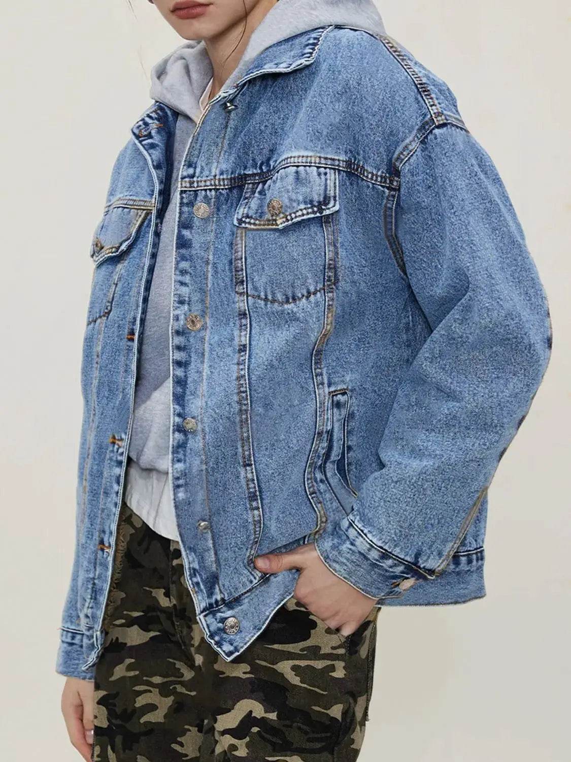 Button Up Collared Neck Long Sleeve Denim Jacket - Velveta Studio