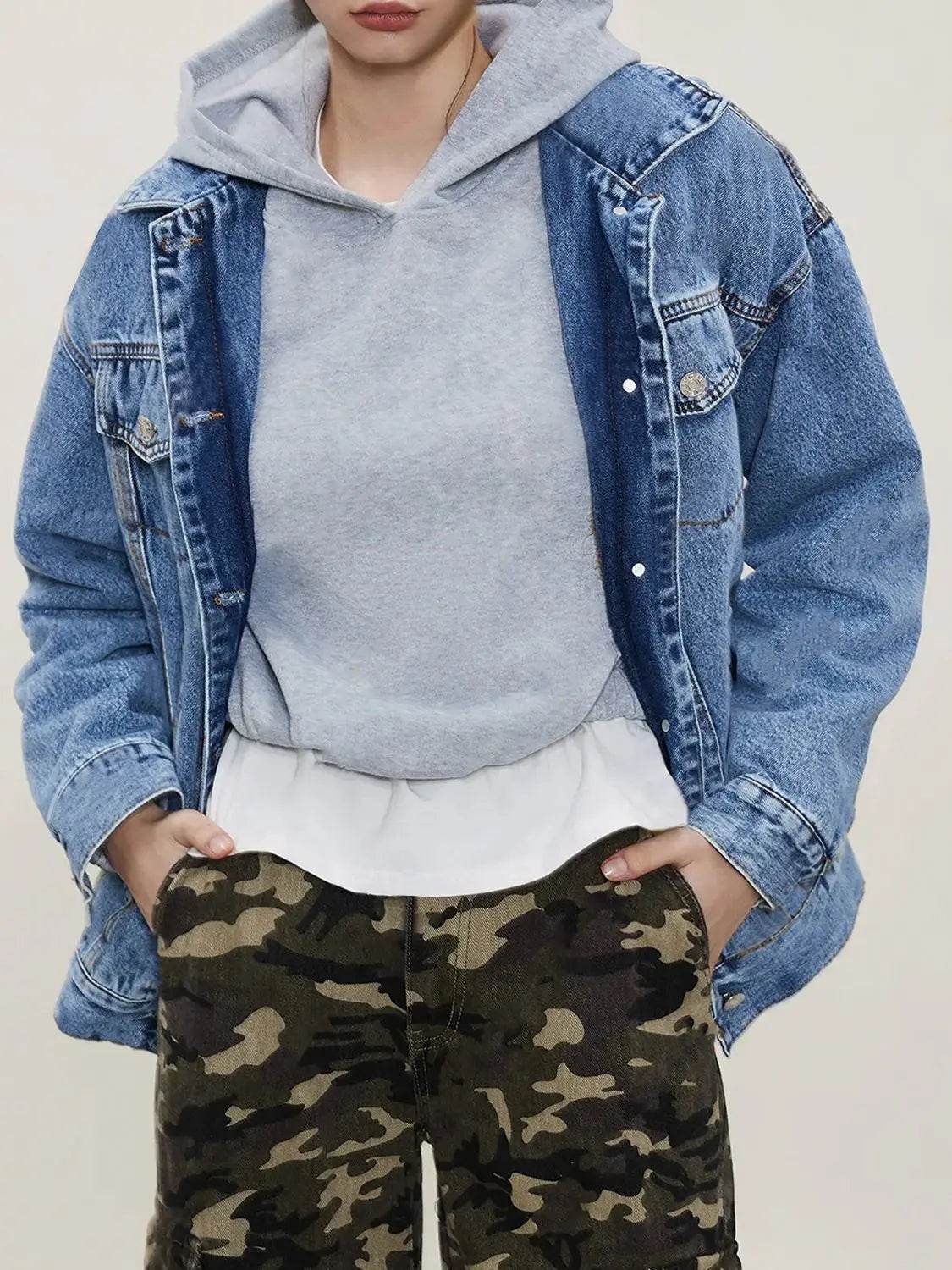 Button Up Collared Neck Long Sleeve Denim Jacket - Velveta Studio