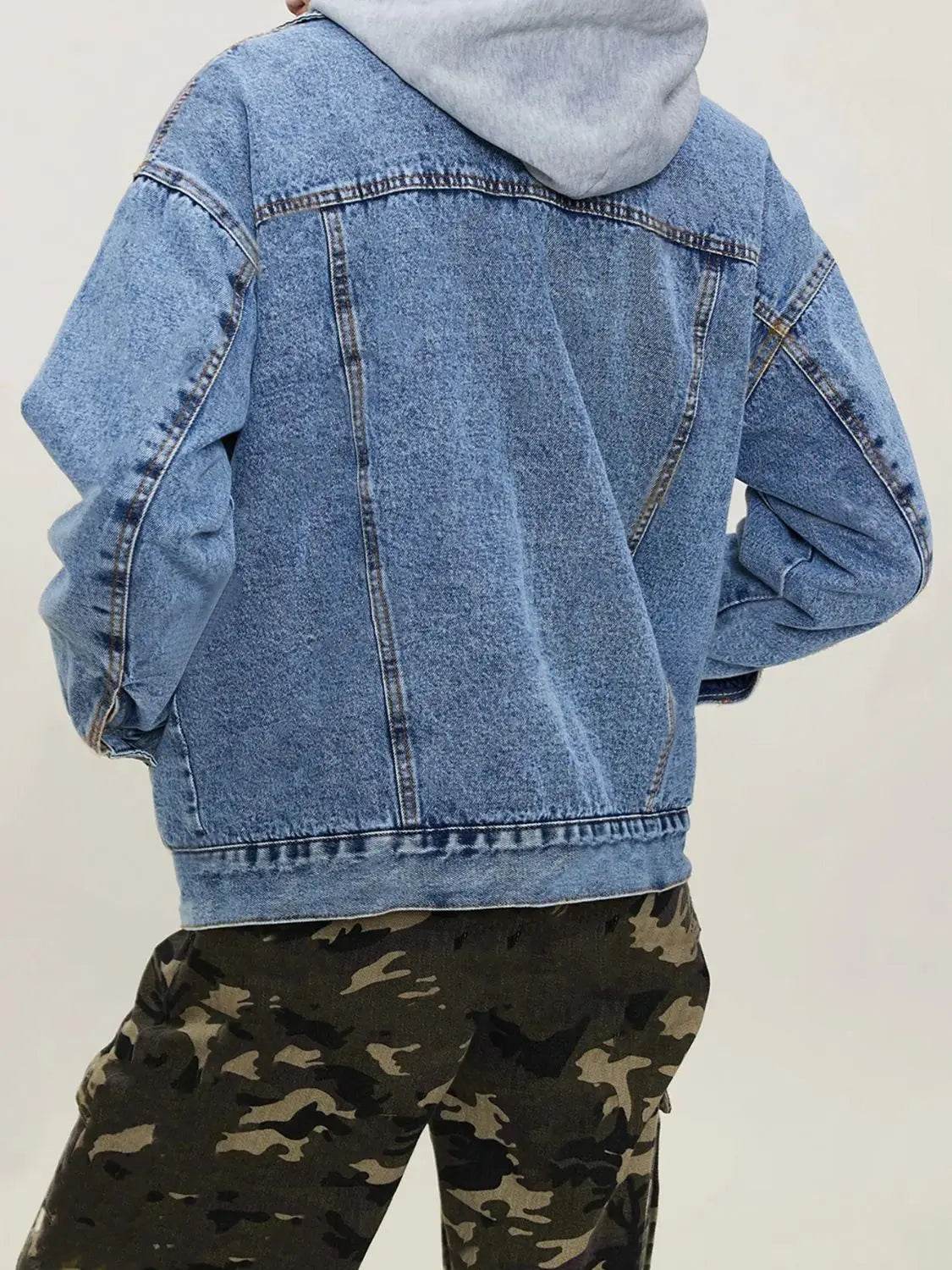 Button Up Collared Neck Long Sleeve Denim Jacket - Velveta Studio
