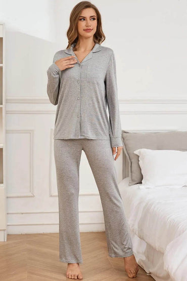 Button Up Long Sleeve Top and Pants Lounge Set - Velveta Studio