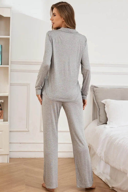 Button Up Long Sleeve Top and Pants Lounge Set - Velveta Studio