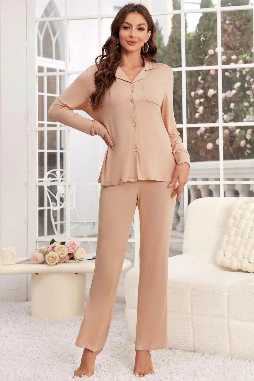Button Up Long Sleeve Top and Pants Lounge Set - Velveta Studio