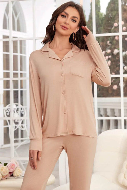 Button Up Long Sleeve Top and Pants Lounge Set - Velveta Studio