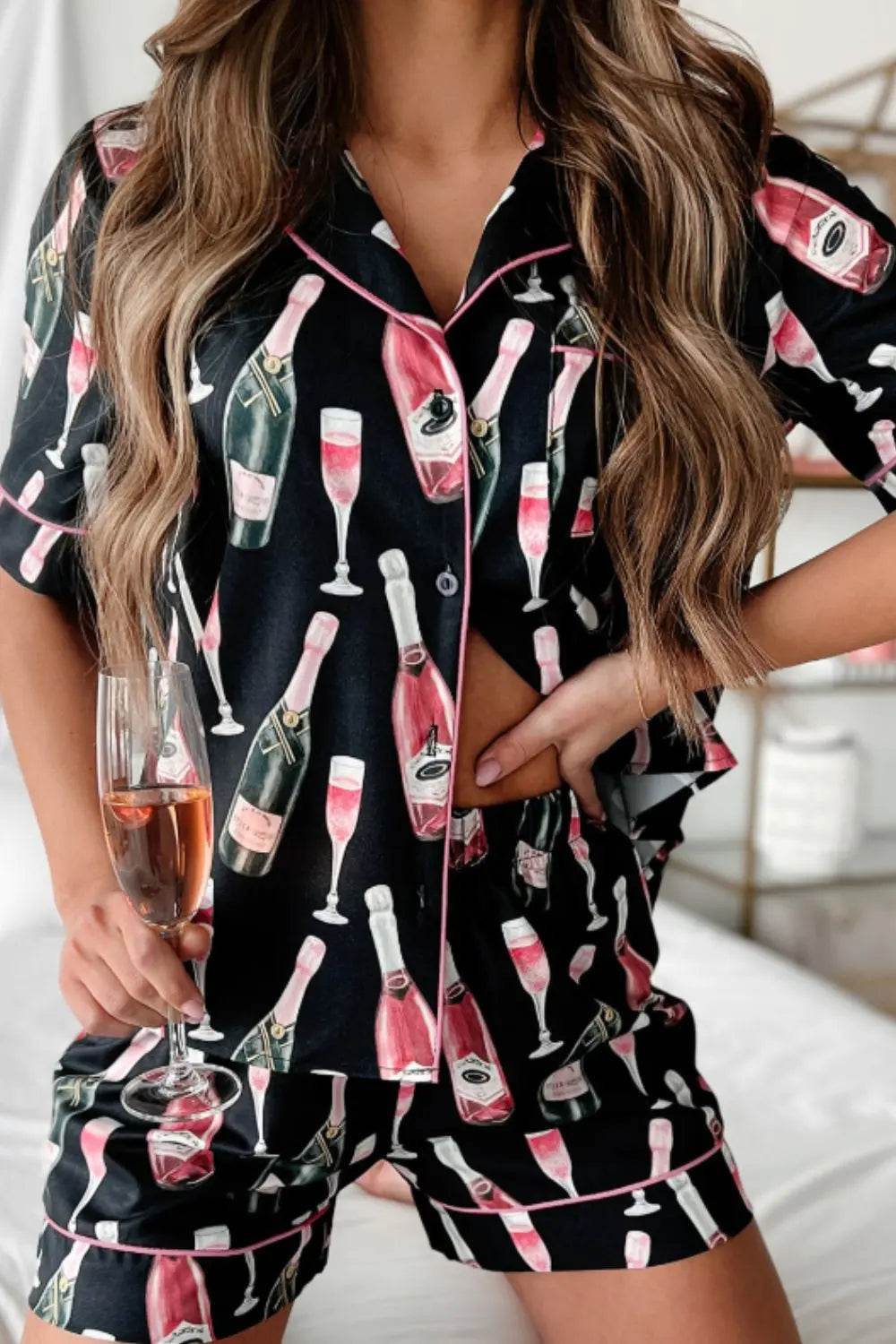 Champagne Print Short Sleeve Top and Shorts Set - Velveta Studio