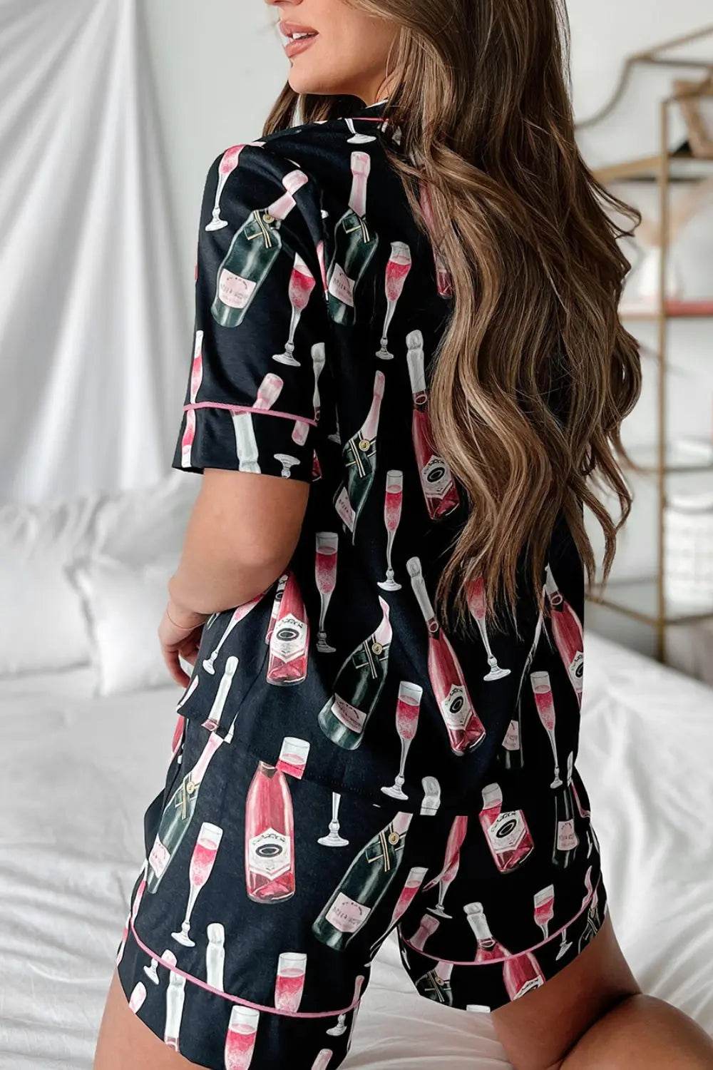 Champagne Print Short Sleeve Top and Shorts Set - Velveta Studio