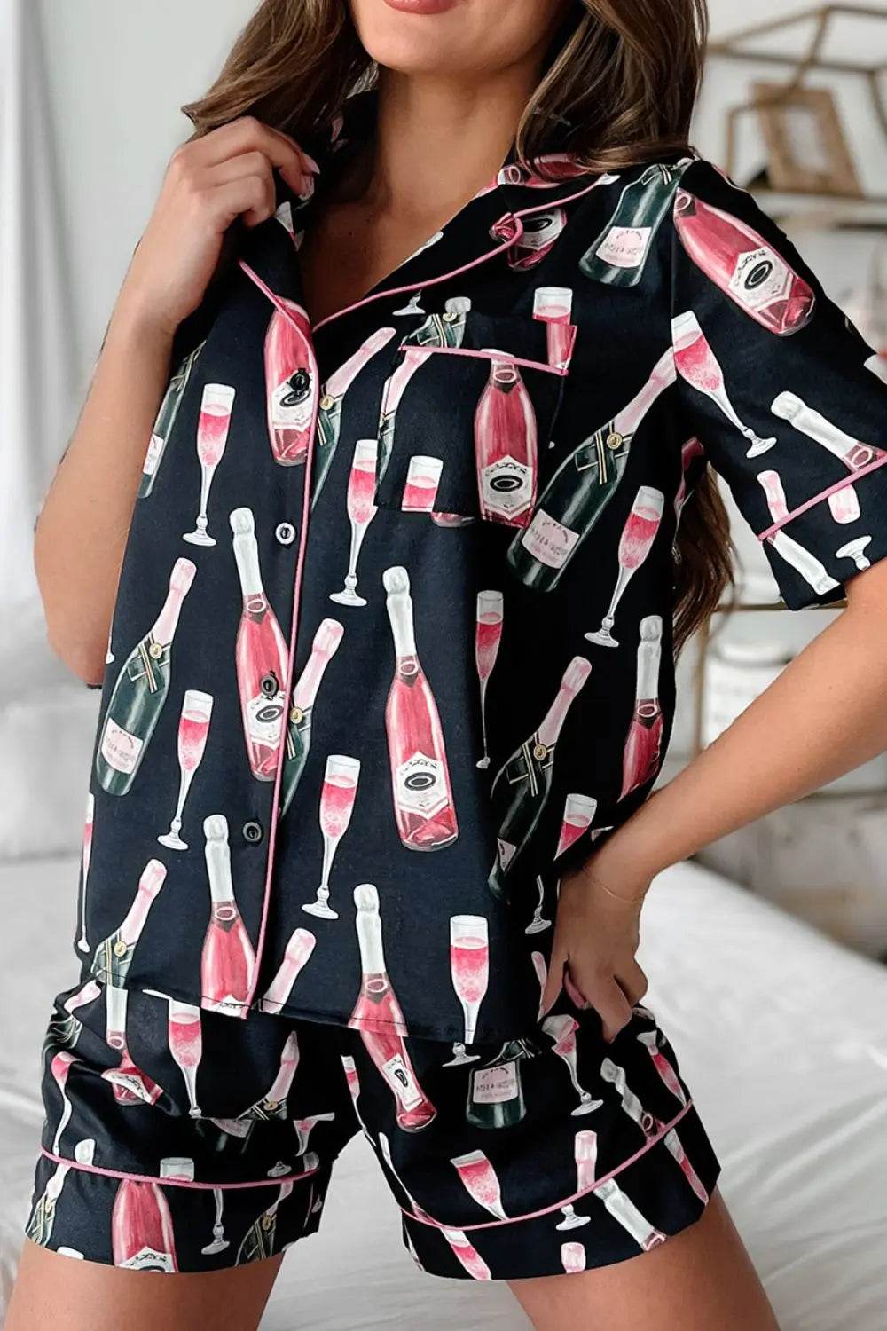 Champagne Print Short Sleeve Top and Shorts Set - Velveta Studio