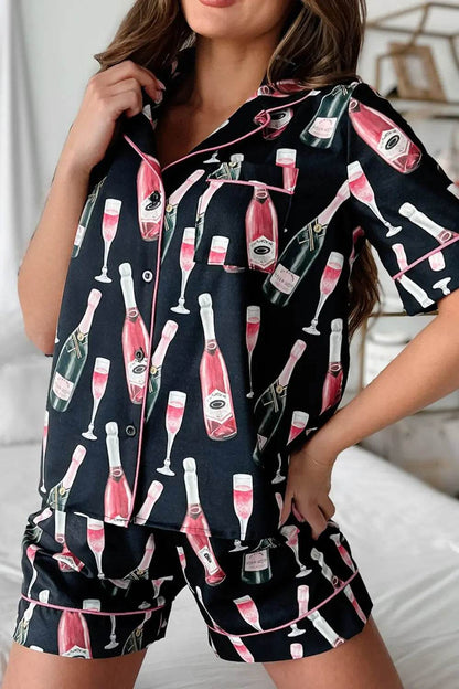 Champagne Print Short Sleeve Top and Shorts Set - Velveta Studio