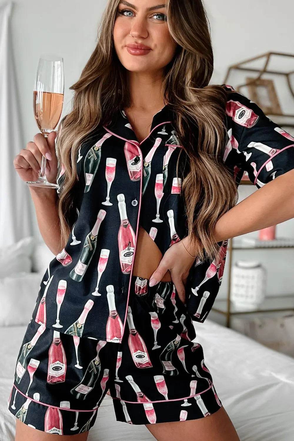 Champagne Print Short Sleeve Top and Shorts Set - Velveta Studio