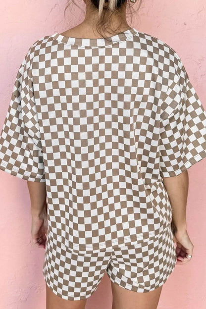 Checkered Round Neck Top and Shorts Set - Velveta Studio